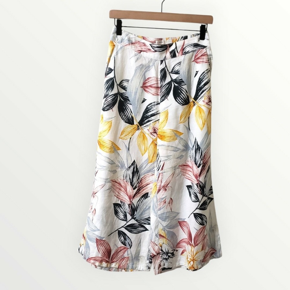 C&C California Tropical Floral Linen Wide Leg‎ Crop Pants White Multicolor XS